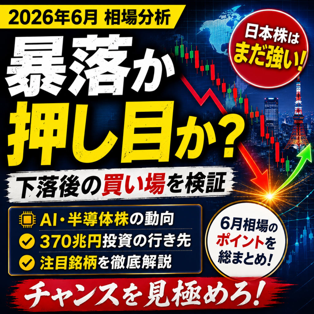 2026年6月の投資成果報告。AI・半導体株の過熱感や日本株の強さ、370兆円投資の行き先をまとめた投資ブログ用アイキャッチ画像。
