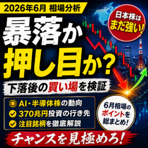 2026年6月の投資成果報告。AI・半導体株の過熱感や日本株の強さ、370兆円投資の行き先をまとめた投資ブログ用アイキャッチ画像。